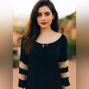 2B Together Black Crochet Sleeve Boho Peasant Blouse Medium – Made in LA